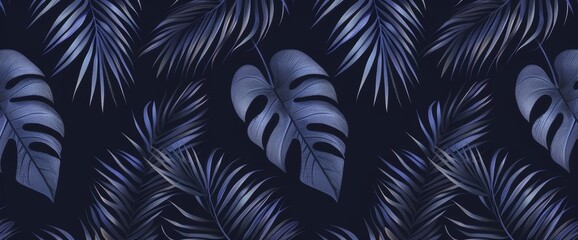 The design is based on the mystical tropical background with monstera and palm leaves. Botanical postcard, cover design, wallpaper.