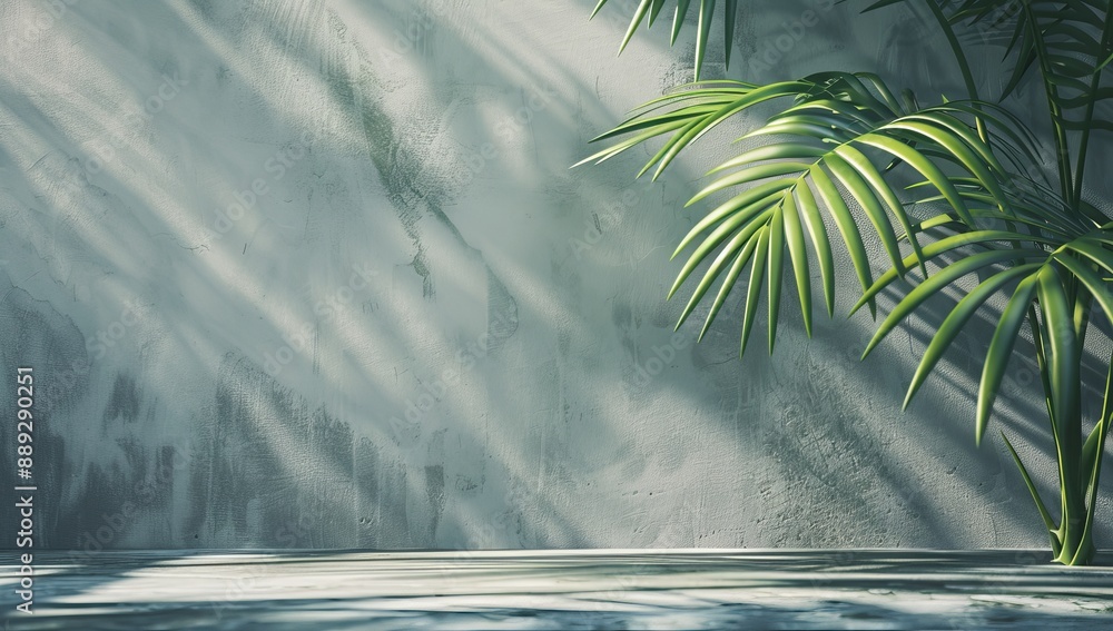 Poster 3d rendering with an abstract green background and shadows of palm leaves.