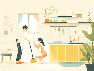 Modern Dad Life Flat Illustrations of Men Cooking, Doing Laundry, and Paternity Leave at Home