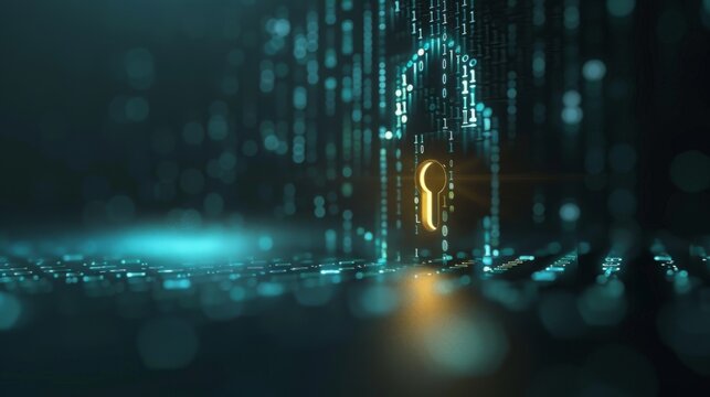 A glowing gold keyhole is embedded in a wall of blue binary code, representing the concept of digital security and access.