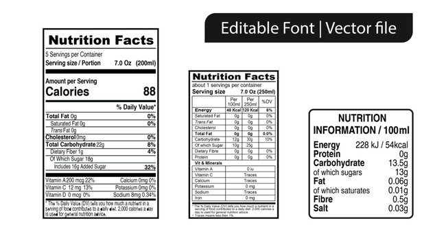 Vector Nutrition Facts template Supplement facts template Label reference Editable font