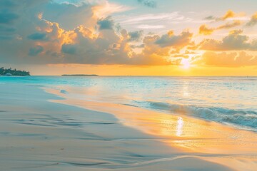 Sunrise beach in Maldives, dreamy honeymoon shoreline. Summer background.