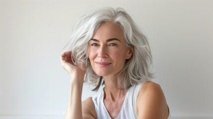Elegant Mature Woman with Gray Hair Smiling Confidently at Camera