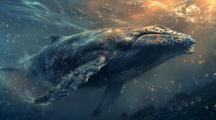 Fototapeta premium whale in its natural habitat, contrast of light on the water and its skin generative ai