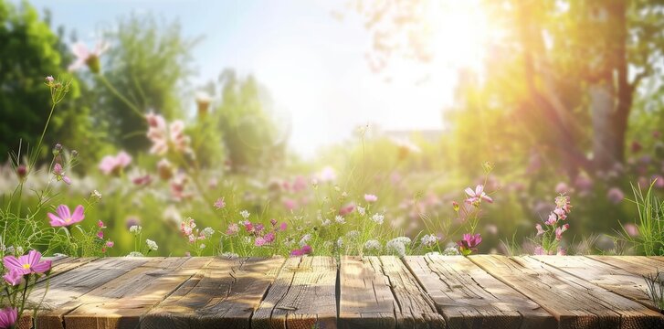 The wood table is surrounded by a lush spring garden backdrop of green grass, leaves, and sunshine.
