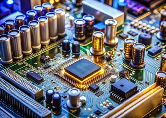Highly detailed close-up view of a computer motherboard, showcasing intricately designed circuits, capacitors, and microchips, highlighting advanced technology and electronic components.