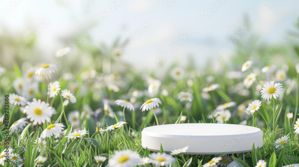 Poster display table with flower product in a white 3d spring scene. gift table with flower product in a wh