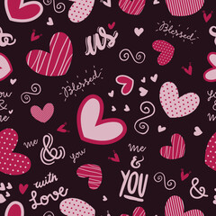 Cute doodle style hearts seamless vector pattern.  Handwritten background. Marker drawn different heart shapes and silhouettes. Hand drawn ornament. 