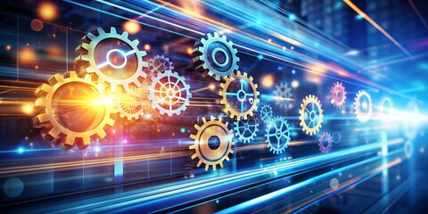 Abstract blurred background with digital light trails, gears, and arrows representing innovative corporate strategy, success, and competitive growth in the technological market.
