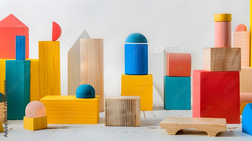 Poster colorful geometric architectural composition with minimalist shapes and patterns