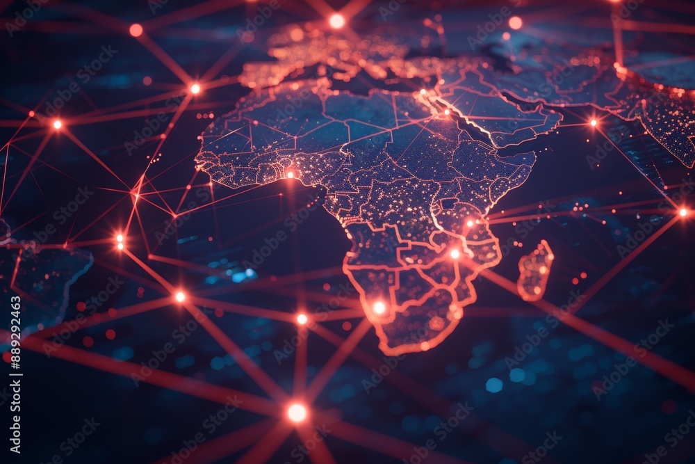 Poster glowing red neural network connections over dark africa map background