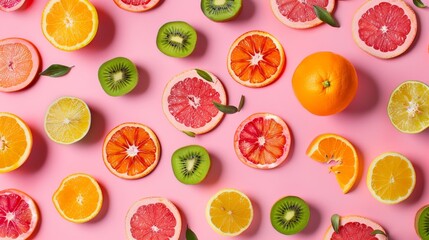 A pastel background accompanied by a pattern of vibrant tropical fruits.