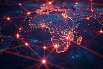 Glowing red neural network connections over dark Africa map background