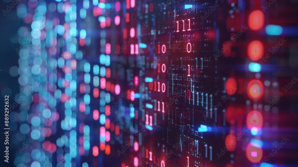 Fototapete A close-up view of a wall covered in glowing binary code. Red and blue lights illuminate the surface, creating a vibrant and abstract pattern.