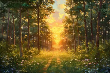 Obraz premium Fantasy Epic Magic Forest Landscape. Summer nature with beautiful green foliage. Gaming assets. Celtic medieval RPG background. Grass and trees. Green foliage. Idyllic meadow with grass.