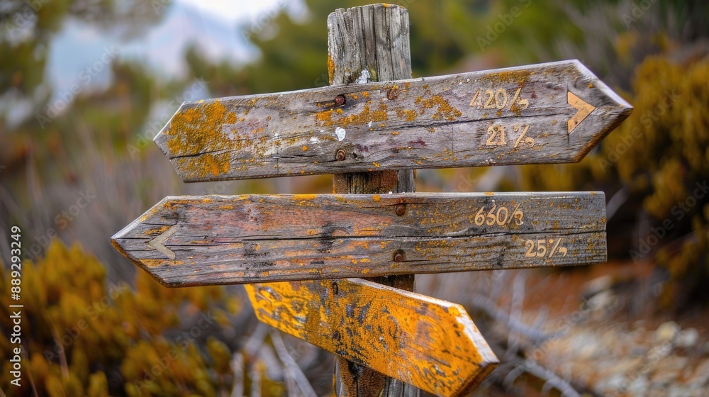 Poster a wooden sign with arrows pointing in various directions, ideal for use in illustrations, presentati