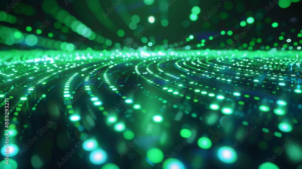 Poster a close-up abstract image of green light trails curving and weaving across a dark background. the li