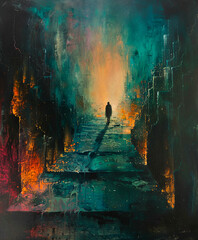 Fototapeta premium Man walking on the stairs to the top of the mountain. Colorful painting.