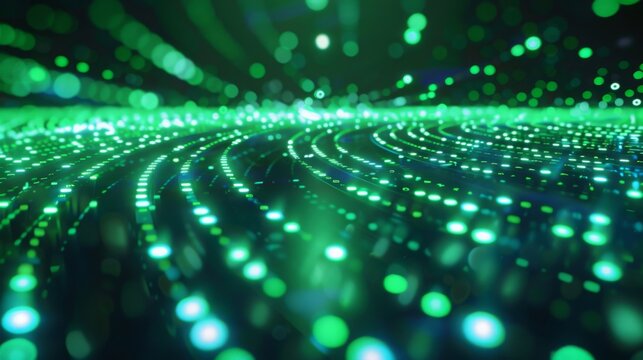 A close-up abstract image of green light trails curving and weaving across a dark background. The light creates a sense of movement and energy, with a soft, glowing effect. - Powered by Adobe