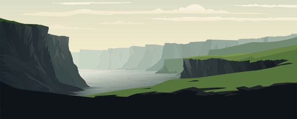 Fjords. Rocky shore of sea bay, landscape vector illustration. Beautiful high sea cliffs overlooking the beautiful ocean. Dangerous rocks in the fog and bay.