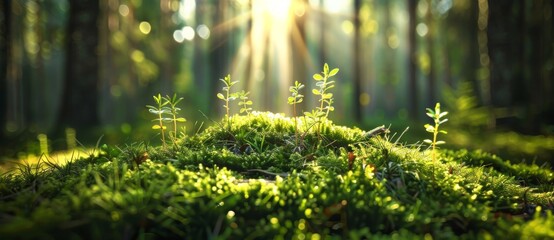 Fototapeta premium A close-up of a green meadow with bright sunlight depicting spring.