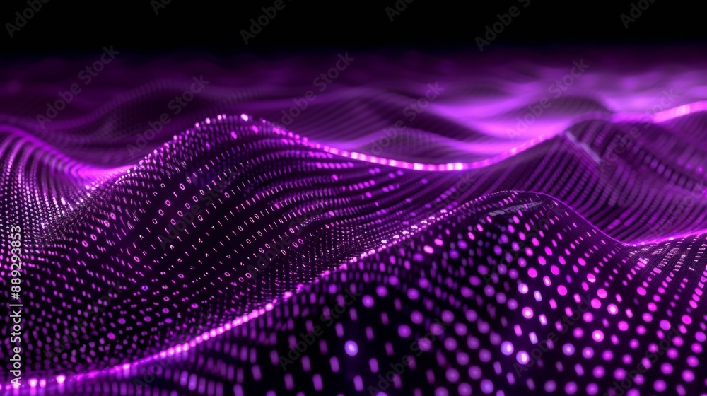 Poster Purple glowing digital wave background with binary code.