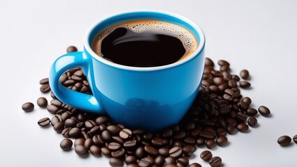 Obraz premium Black coffee in blue cup with scattered grains on white background