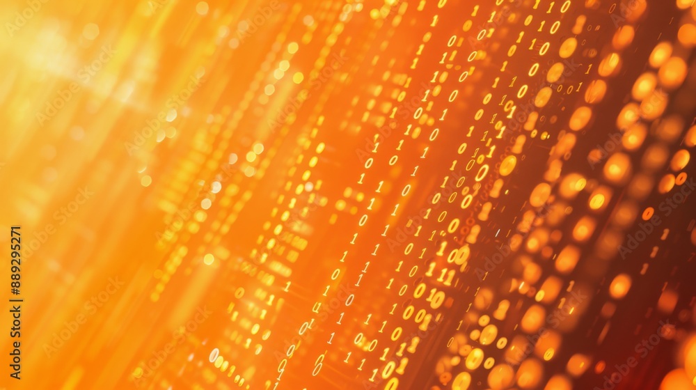 Fototapete Abstract background with a close-up of binary code in white against a gradient of orange and red with bokeh lights.