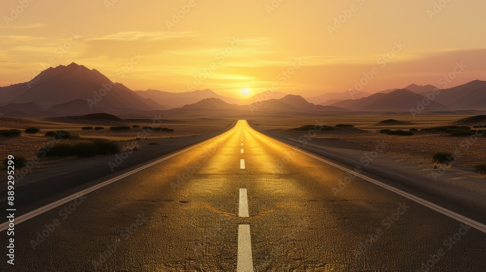 Poster Open Desert Road at Golden Hour Sunset