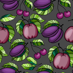Seamless pattern with fruits. Apples, cherries, plums.