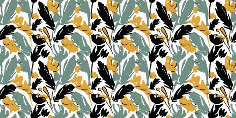 Modern printed fabric flower block print pattern with linen texture effect. Stylized boho dark floral for chic fashion background motif border design.