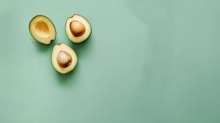Fototapeta premium Fresh avocado slices on a green background with copy space.