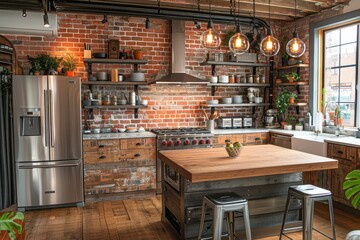 Industrial Kitchen A kitchen with exposed brick walls, stainless steel appliances, and metal shelving. Include a wooden island and industrial light fixtures