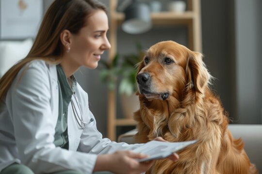 A veterinarian, in a white coat, sits with a golden retriever and reviews medical records
