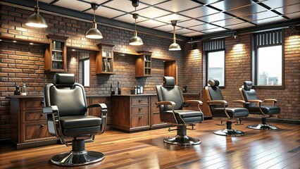 Interior of stylish barbershop with gray walls, concrete floor, row of client chairs and tall vertical mirrors. Window with cityscape. Concept of hairdressing and self care. 3d rendering