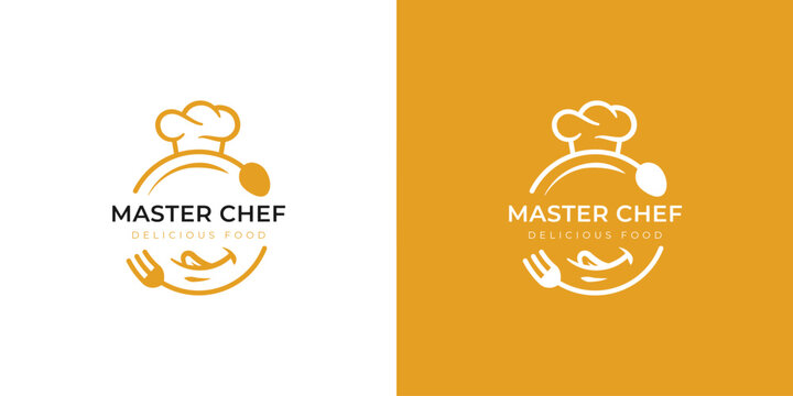 delicious food logo design with fork and spoon graphic for master chef restaurant, catering logo template