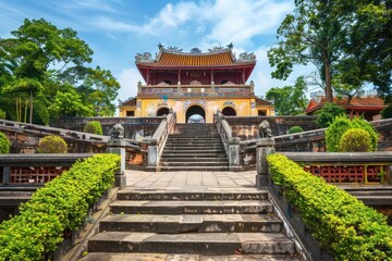 Fototapeta premium Traditional Temple with Steps and Garden