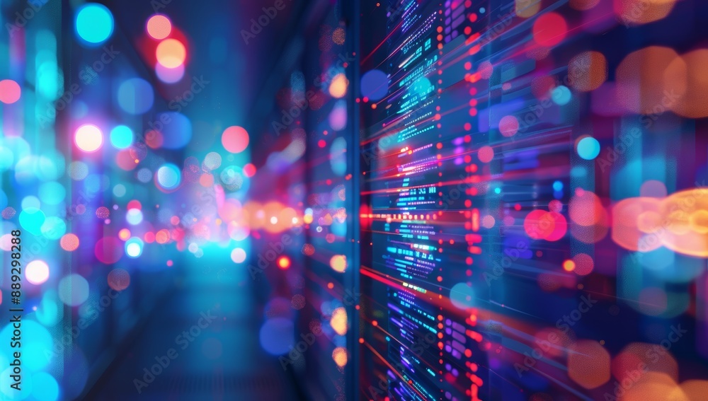 Poster Glowing lights and circuit board in data center with bokeh effect