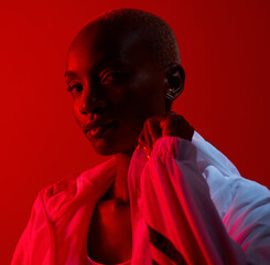 Black woman, red filter and fitness portrait with wellness, fashion and sports training. African...