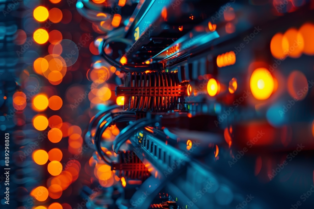Poster glowing orange server cables and lights in a dark data center