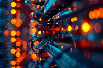 Glowing orange server cables and lights in a dark data center