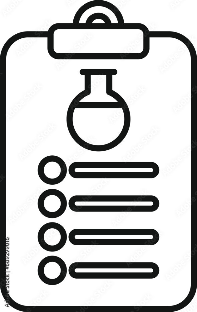 Poster line art icon of a clipboard with a checklist and flask icon, representing a science experiment plan