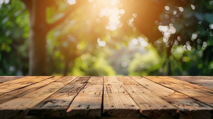 Backyard, garden, table, background, time, summer, empty sturdy wooden table with a blurred backyard garden background in the summertime