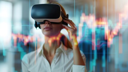 Futuristic Businesswoman Analyzing Rising Stock Market in Virtual Reality for Economic Success