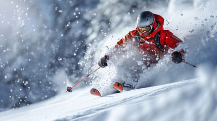 Extreme Skier in Red Jacket Carving Through Fresh Powder on Steep Mountain Slope in Winter Adventure

