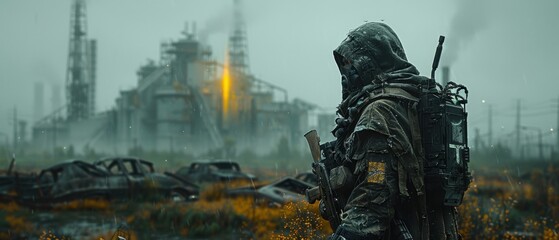 Stalker on the background of the nuclear plant