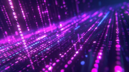 Abstract digital background with purple and blue glowing binary code.