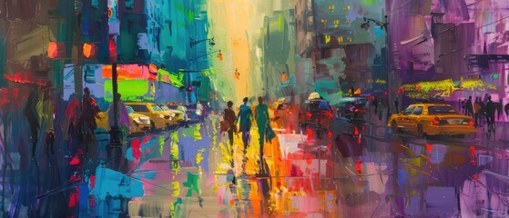 High-end oil painting featuring a vibrant urban scene