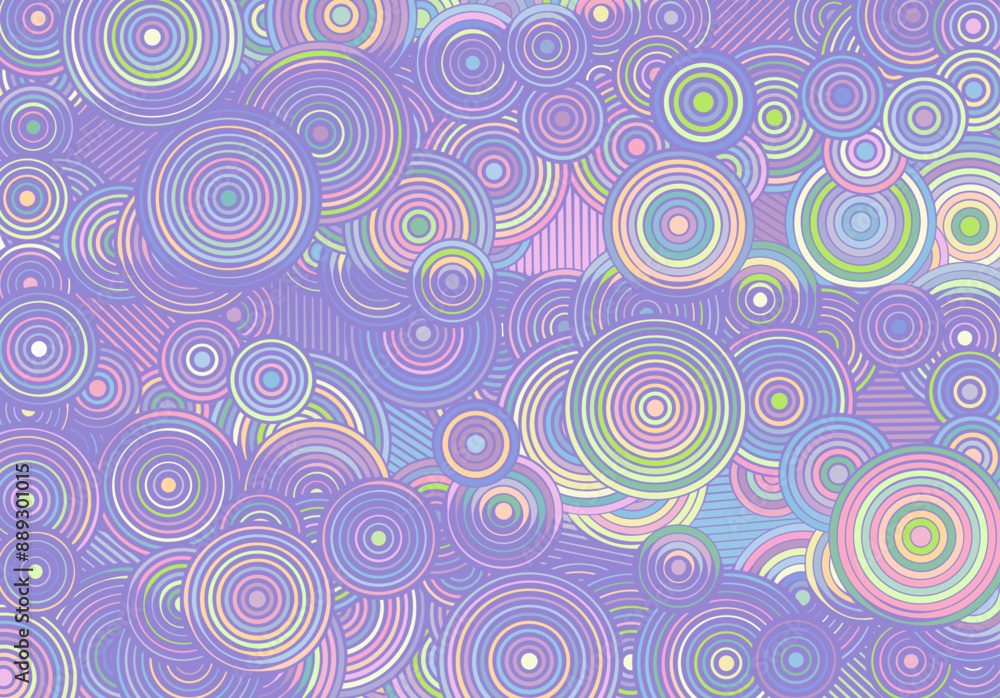 Poster Abstract psychedelic background with circles and lines of various widths in retro optical illusion style.