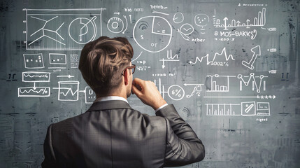 Professional Businessman/Teacher Looking at Data and Graphs on Blackboard